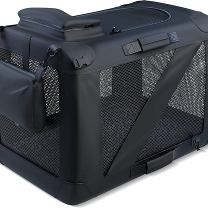 "Stylish foldable dog carrier bag with mesh panels and padded handle, perfect for secure and comfortable pet travel."