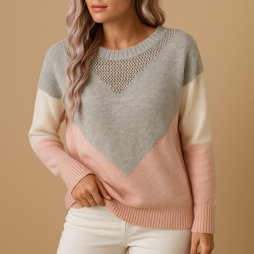 Women’s knit sweater with relaxed fit and soft texture, perfect for spring, autumn, or winter casual wear with a feminine touch.
