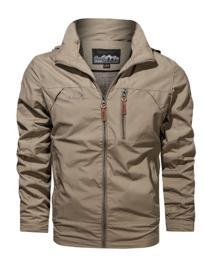 "Stylish men's green waterproof jacket with modern design, lightweight, breathable, and perfect for all-weather conditions."