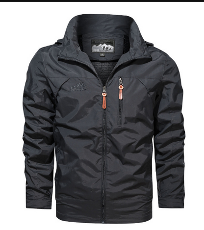 "Stylish men's green waterproof jacket with modern design, lightweight, breathable, and perfect for all-weather conditions."