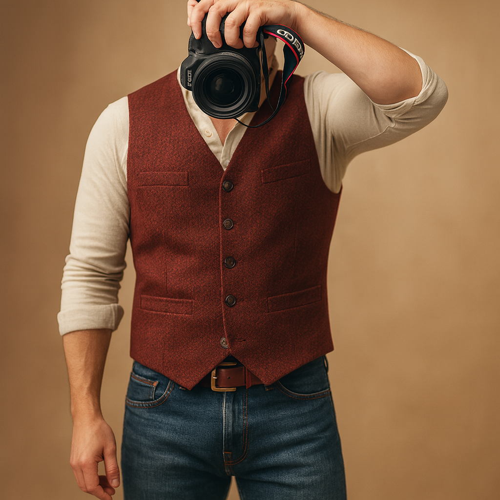 Elegant men’s waistcoat with button closure and pockets, versatile for formal events, casual wear, and layered autumn or winter outfits.