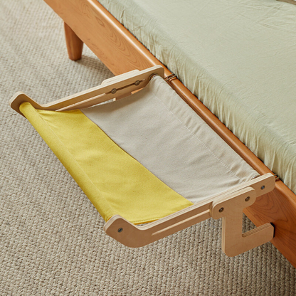 "Stylish space-saving cat hammock in soft fabrics, fits under furniture, available in chic colors, perfect for pet comfort."