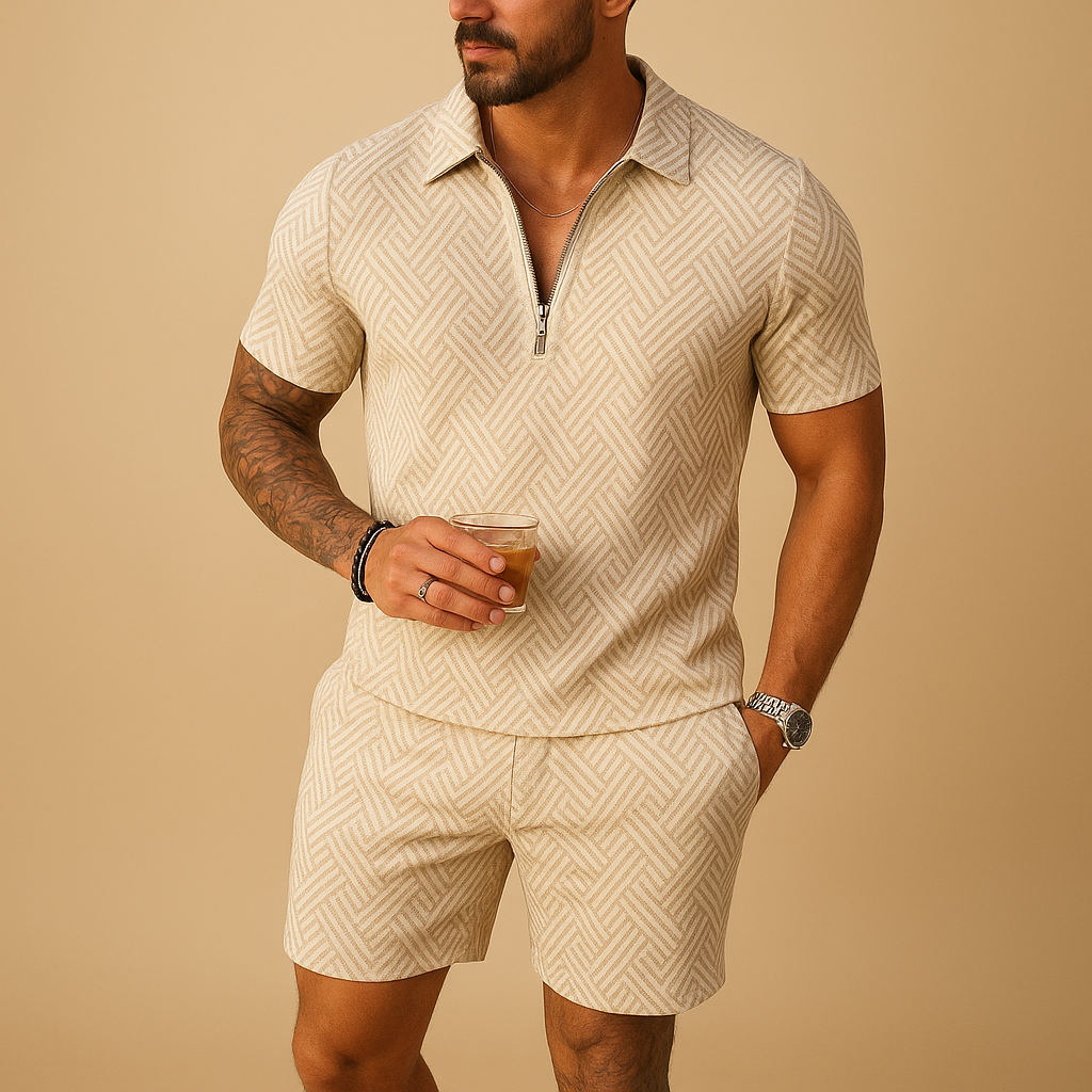 Men’s summer set with matching polo and shorts in breathable fabric, ideal for beach, holidays, and casual summer outings