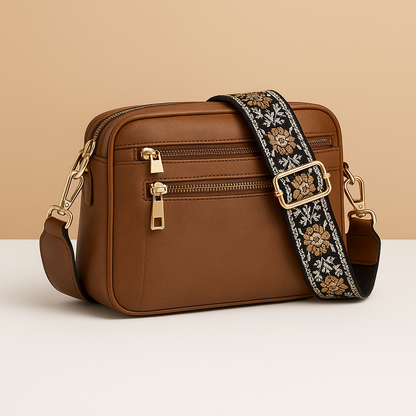Sustainable crossbody bag for women with compact design, zippered compartments, and adjustable decorative strap for daily eco-conscious style.