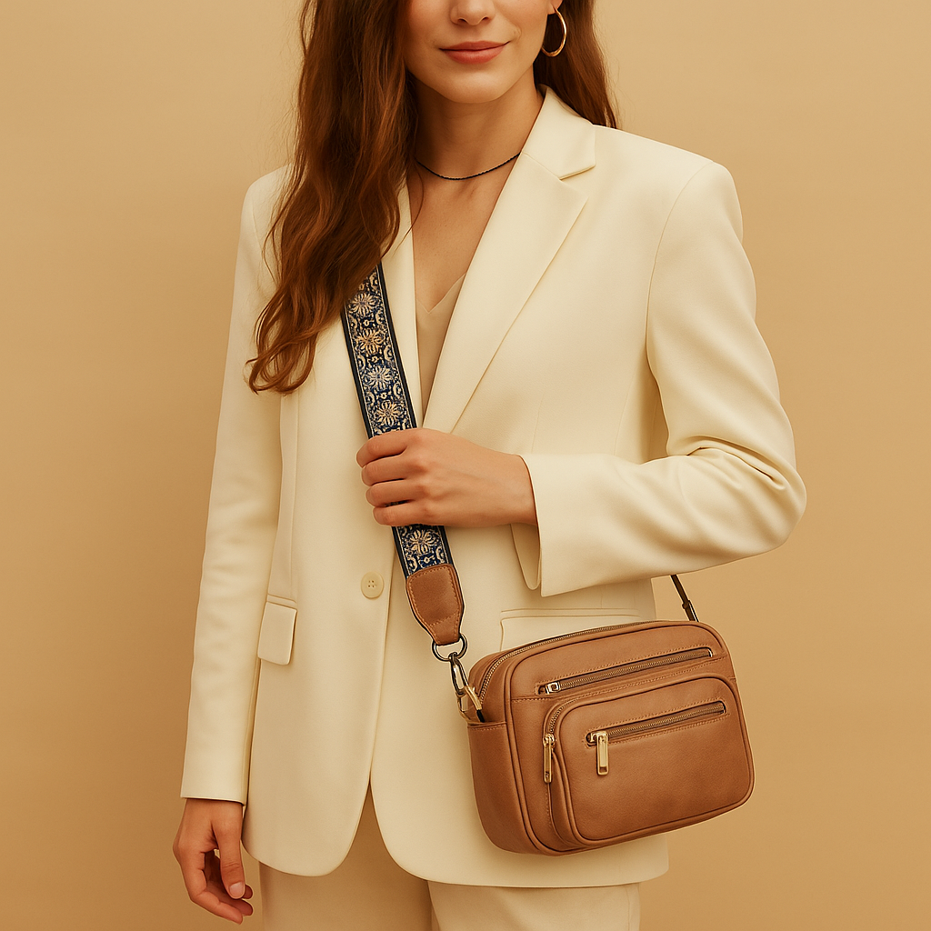 Sustainable crossbody bag for women with compact design, zippered compartments, and adjustable decorative strap for daily eco-conscious style.