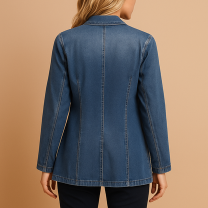 Women’s denim blazer with tailored fit and lapel collar in blue, ideal for work, casual outings, or stylish everyday wear.