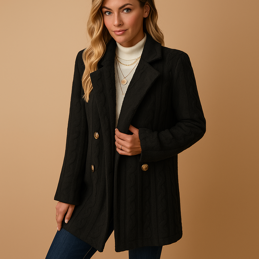 Tailored elegant winter coat for women in black, apricot, red, and white with structured fit and warm finish for stylish winter outfits.