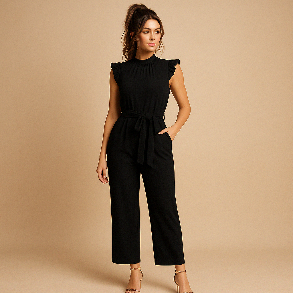 Women’s tailored jumpsuit with high neckline, cap sleeves, and belt in pink, army green, or black, ideal for formal and festive occasions.