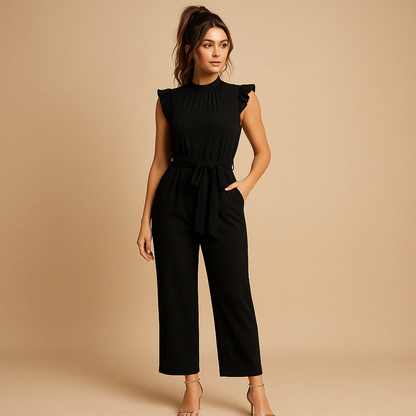Women’s tailored jumpsuit with high neckline, cap sleeves, and belt in pink, army green, or black, ideal for formal and festive occasions.