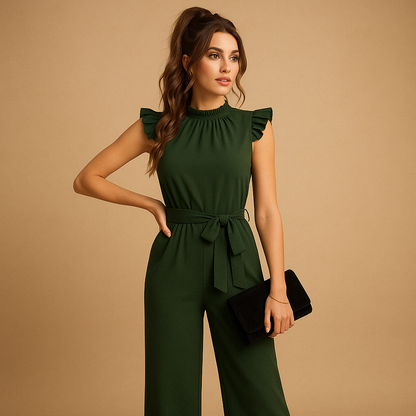 Women’s tailored jumpsuit with high neckline, cap sleeves, and belt in pink, army green, or black, ideal for formal and festive occasions.