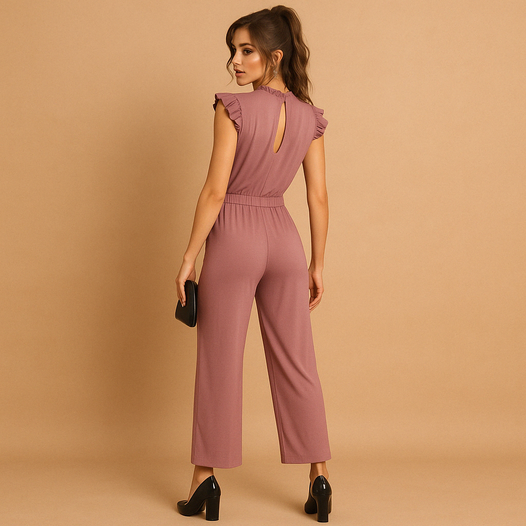 Women’s tailored jumpsuit with high neckline, cap sleeves, and belt in pink, army green, or black, ideal for formal and festive occasions.