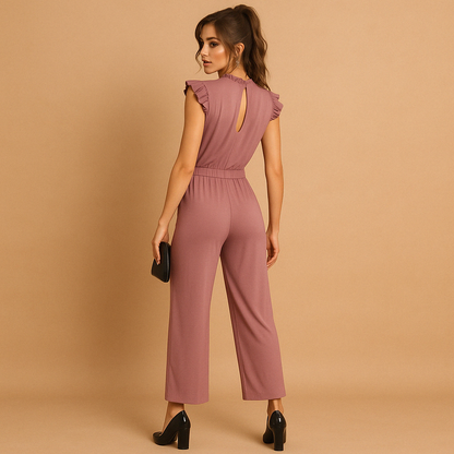 Women’s tailored jumpsuit with high neckline, cap sleeves, and belt in pink, army green, or black, ideal for formal and festive occasions.