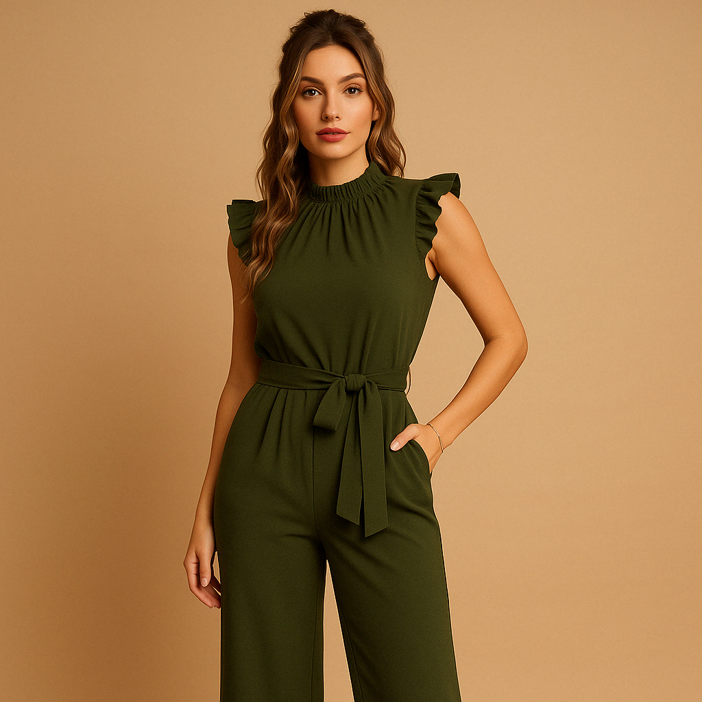 Women’s tailored jumpsuit with high neckline, cap sleeves, and belt in pink, army green, or black, ideal for formal and festive occasions.