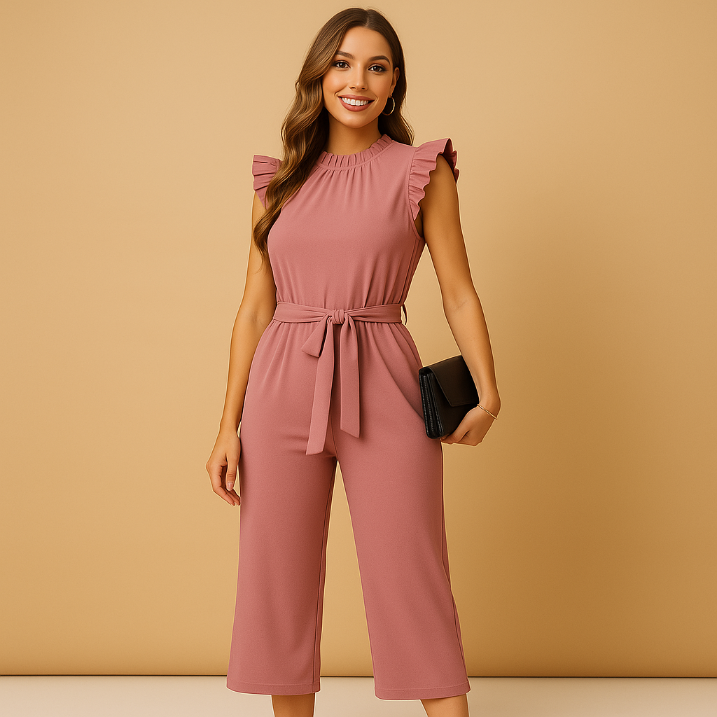 Women’s tailored jumpsuit with high neckline, cap sleeves, and belt in pink, army green, or black, ideal for formal and festive occasions.