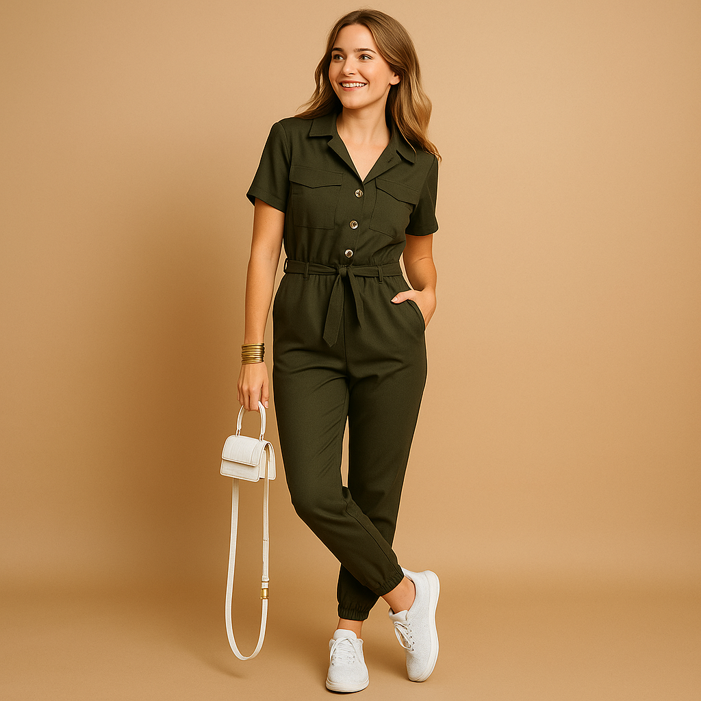 Tailored jumpsuit with V-neck and cargo pockets for women in beige and olive green, perfect for casual and stylish occasions.