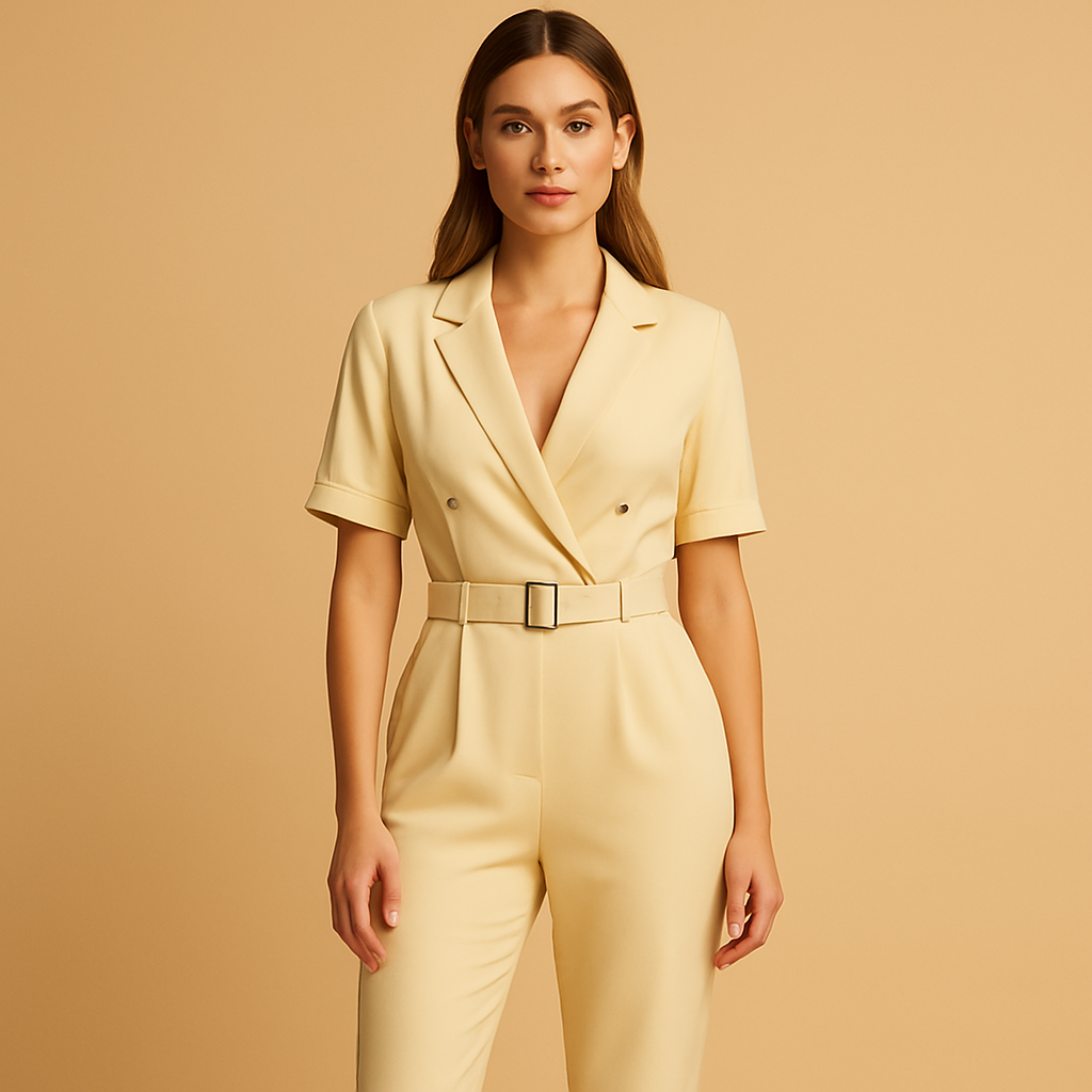 Women’s tailored jumpsuit with V-neck, formal collar, and half sleeves in blue, beige, red, white, or pink, ideal for work or evening wear.