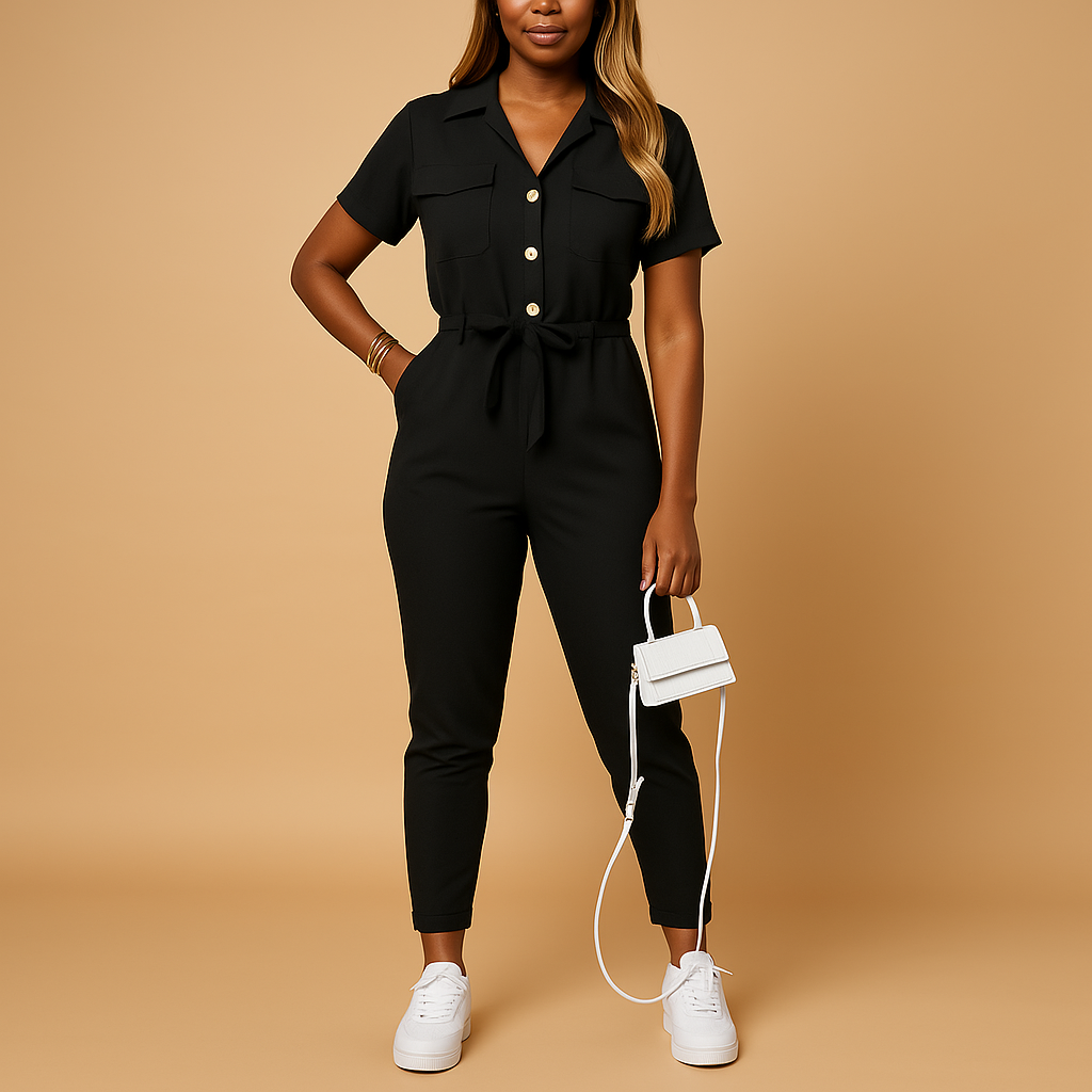 Women’s tailored one-piece jumpsuit with button detail and flattering fit, ideal for office, social outings, or elegant dinners.