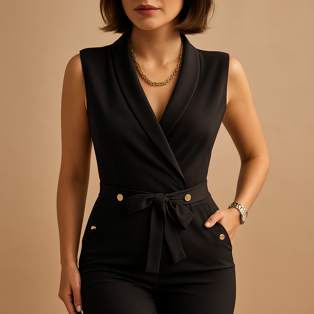 Elegant tailored jumpsuit for women with deep V-neck, waist tie and sleeveless design, ideal for parties and formal occasions.
