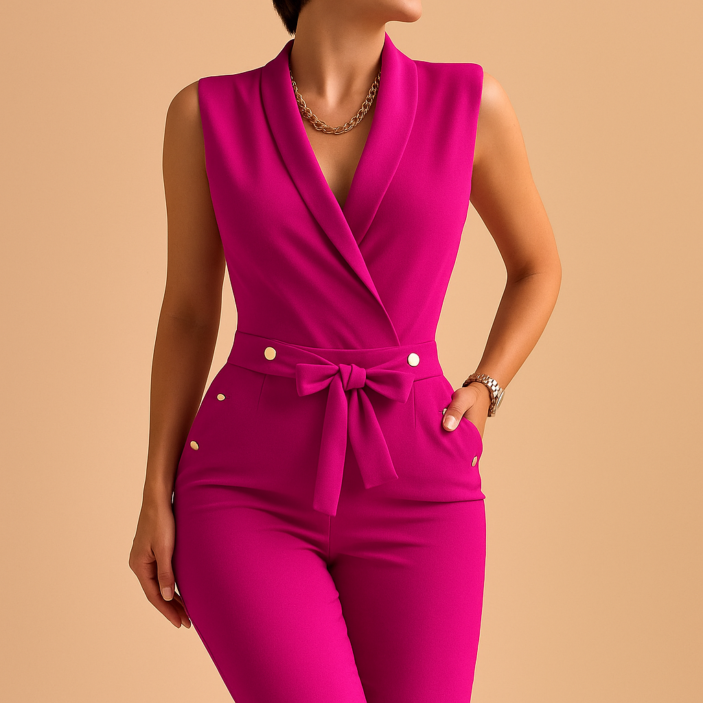 Elegant tailored jumpsuit for women with deep V-neck, waist tie and sleeveless design, ideal for parties and formal occasions.
