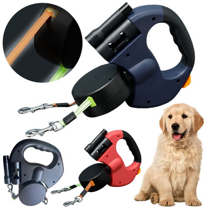 "Tangle-free dual dog leash with LED light for safe walks, featuring 360° swivel, ergonomic handle, and color-coded leads."