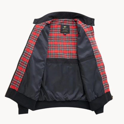 "Tartan-lined Harrington jacket with ribbed cuffs and hem, featuring classic side view. Men's Camden Heritage style."