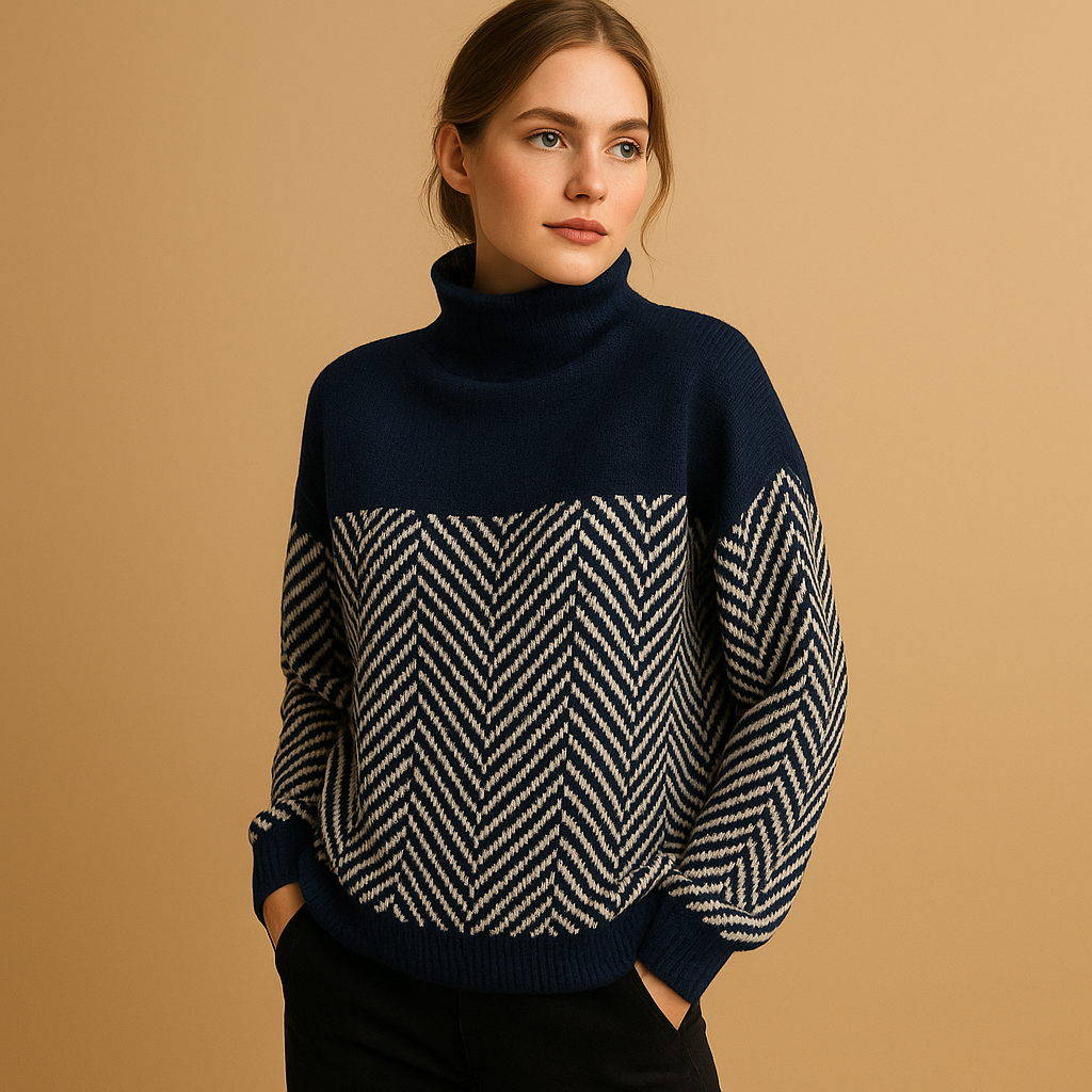 Women’s knit sweater with a herringbone pattern and high neckline, ideal for cozy, stylish winter wear.