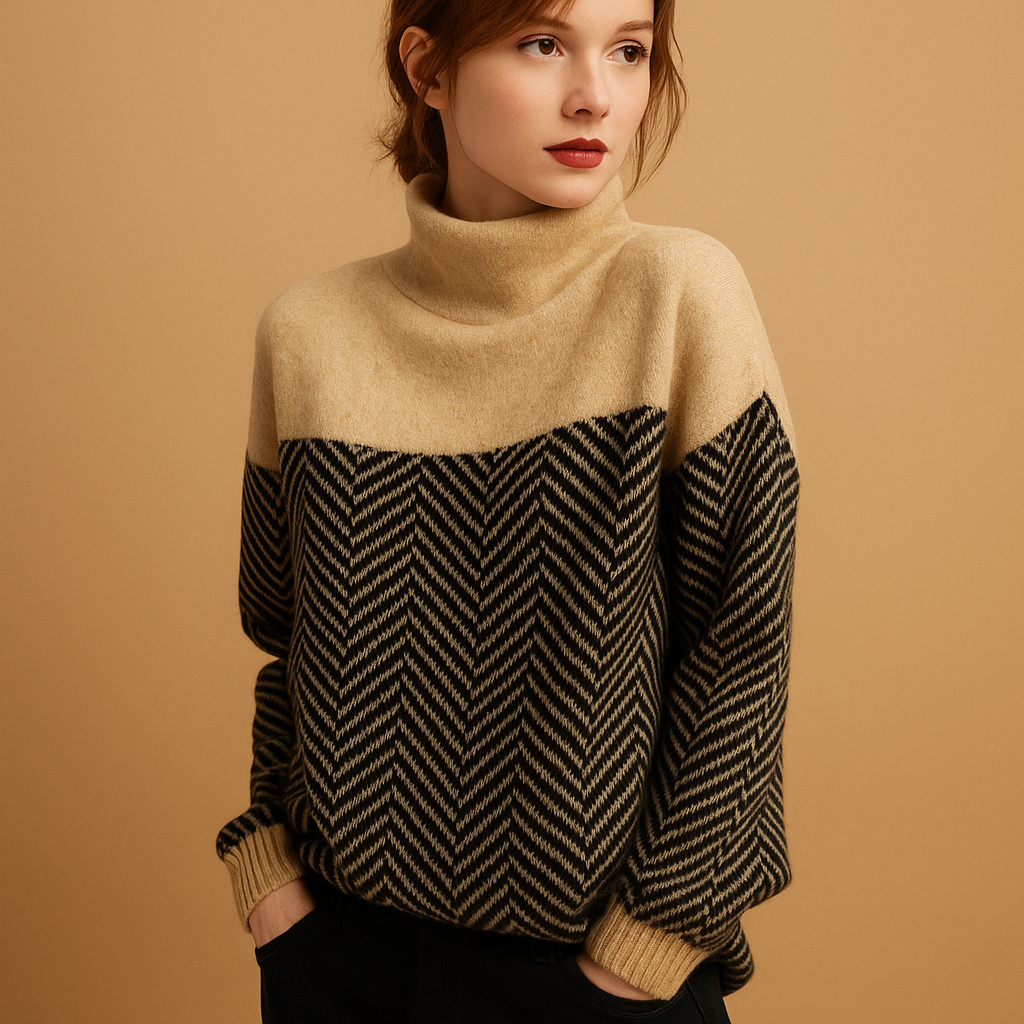 Women’s knit sweater with a herringbone pattern and high neckline, ideal for cozy, stylish winter wear.