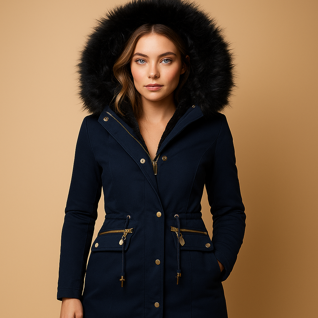 Thermal winter coat for women with faux fur hood, zip and button closure, and front pockets—ideal for warmth and style in cold weather.