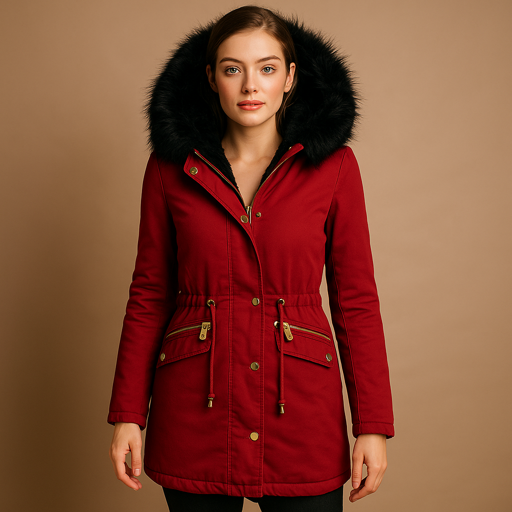 Thermal winter coat for women with faux fur hood, zip and button closure, and front pockets—ideal for warmth and style in cold weather.