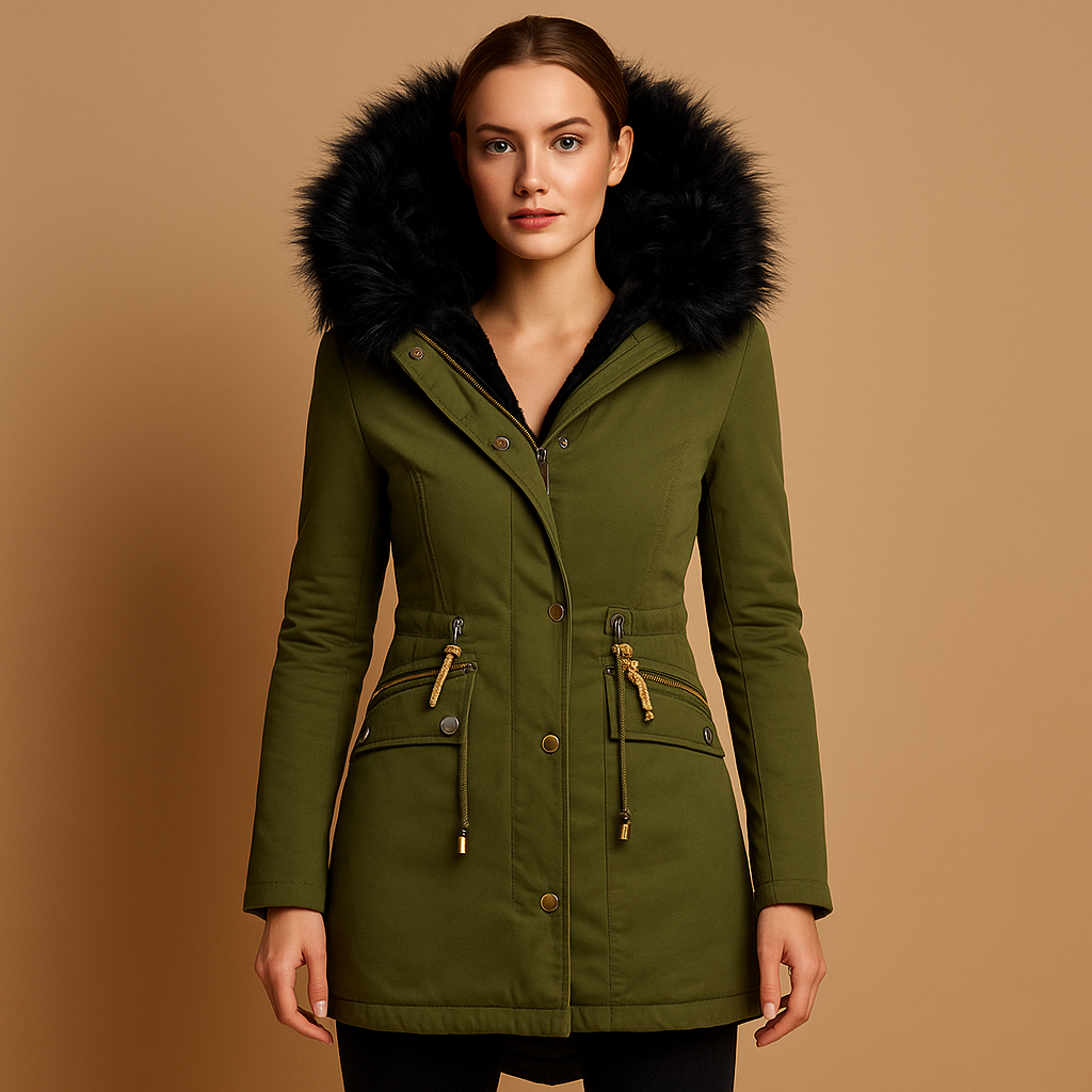 Thermal winter coat for women with faux fur hood, zip and button closure, and front pockets—ideal for warmth and style in cold weather.