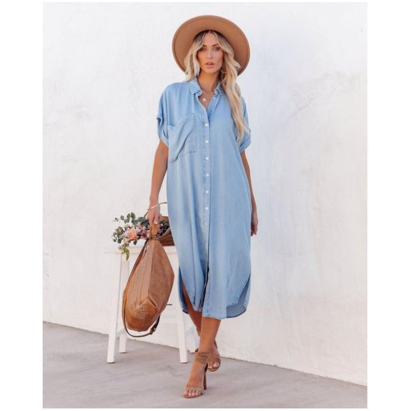 Casual Short Sleeve Blue Denim Dress