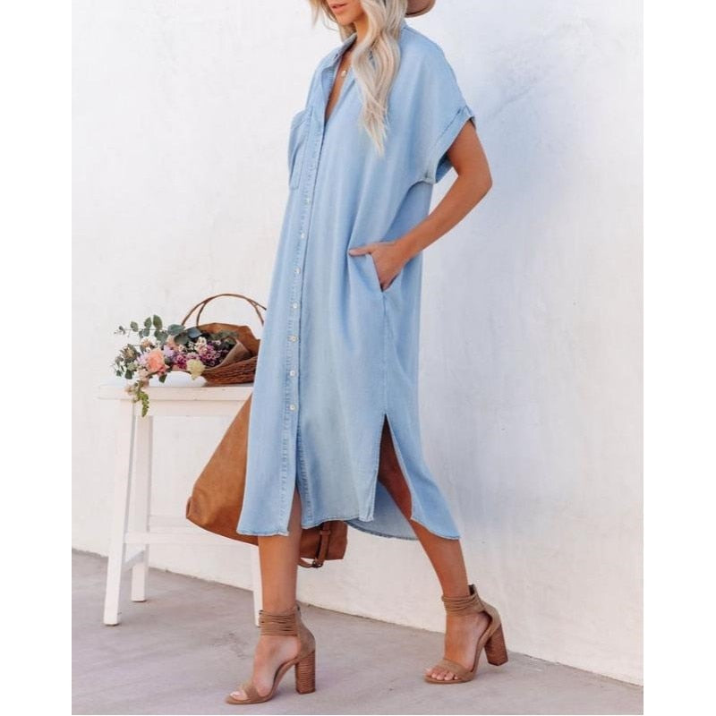 Casual Short Sleeve Blue Denim Dress