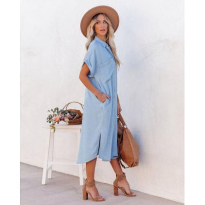Casual Short Sleeve Blue Denim Dress