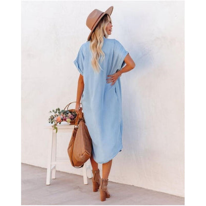 Casual Short Sleeve Blue Denim Dress