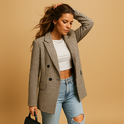 Women’s timeless tailored blazer with classic fit and natural fiber blend, ideal for work, formal meetings, or refined everyday wear.