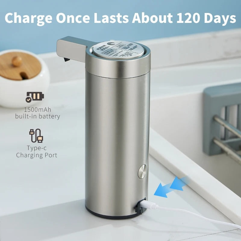 Touchless stainless steel soap dispenser with sleek design and motion sensor, suitable for kitchen and bathroom use.