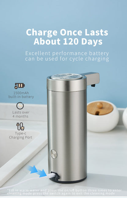 Touchless stainless steel soap dispenser with sleek design and motion sensor, suitable for kitchen and bathroom use.