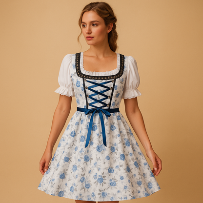 Traditional dirndl dress for women with lace apron, perfect for Oktoberfest, cultural events, and festive celebrations.