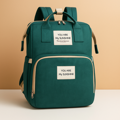 Travel diaper backpack for women featuring a portable crib, changing station, insulated baby bottle compartment, and dedicated storage pockets for easy organization.