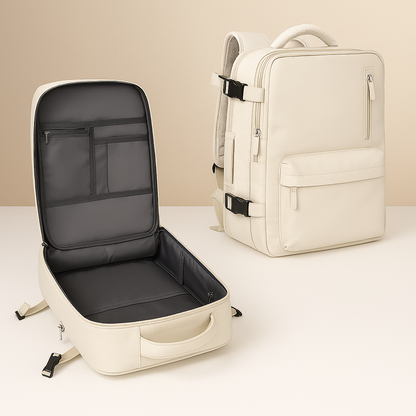 TSA-approved travel backpack for women with anti-theft pockets, wet compartment, and padded straps for comfortable and organised travel.