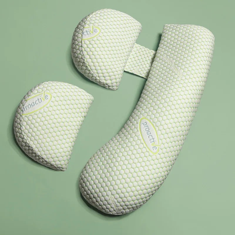 "U-shaped maternity pillow for pregnancy support, soft ergonomic design, offers full body comfort for back, belly, and legs."