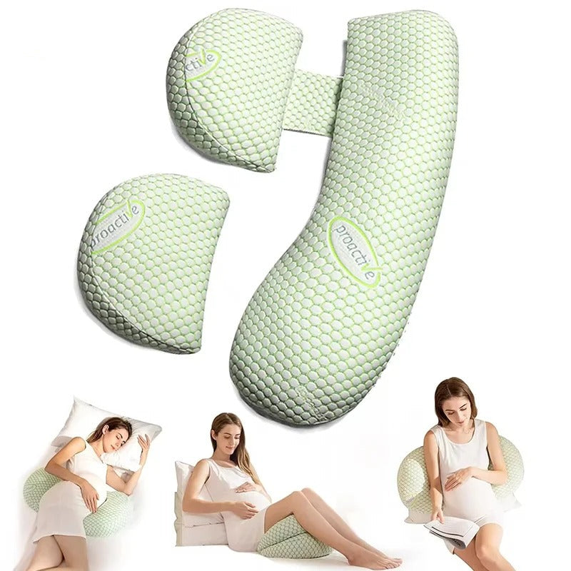 U-Shaped maternity pillow in white, offers full-body support for head, neck, back, belly, and legs with hypoallergenic fabric