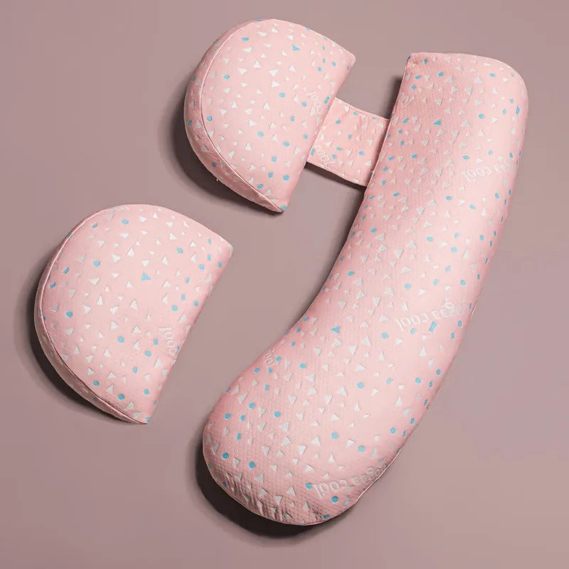 U-Shaped maternity pillow in white, offers full-body support for head, neck, back, belly, and legs with hypoallergenic fabric