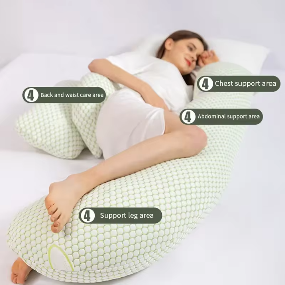 U-Shaped maternity pillow in white, offers full-body support for head, neck, back, belly, and legs with hypoallergenic fabric