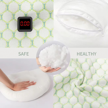 U-Shaped maternity pillow in white, offers full-body support for head, neck, back, belly, and legs with hypoallergenic fabric