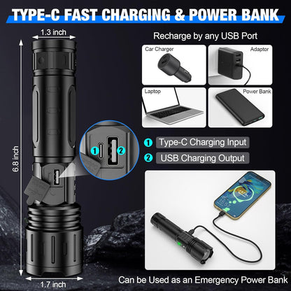 Ultra-Bright Tactical Flashlight 100,000 lumens, durable design, aviation-grade aluminium, IPX5 waterproof, outdoor, technolo
