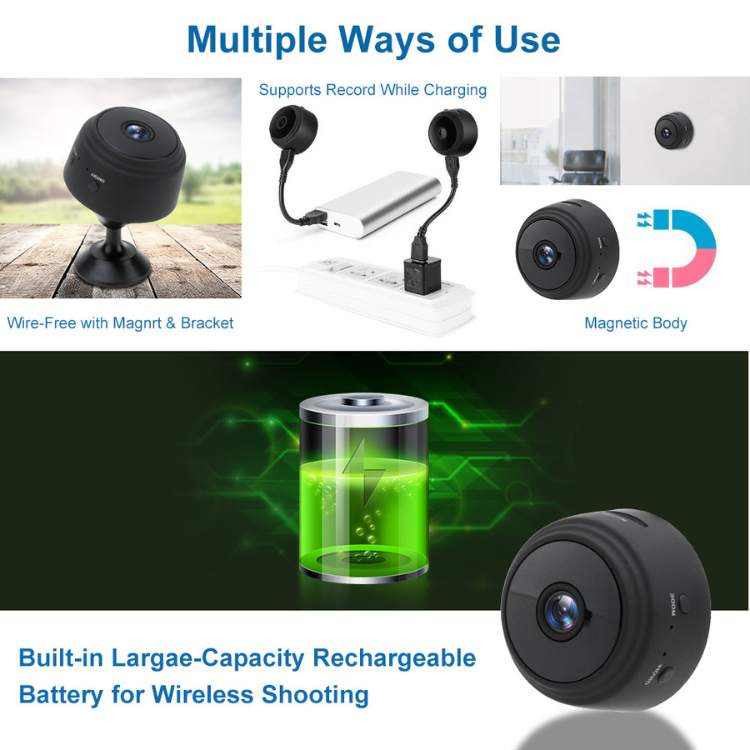 Ultra-Compact HD Security Camera with night vision, sleek mini design, 1080p resolution, 150° wide-angle, infrared LEDs.