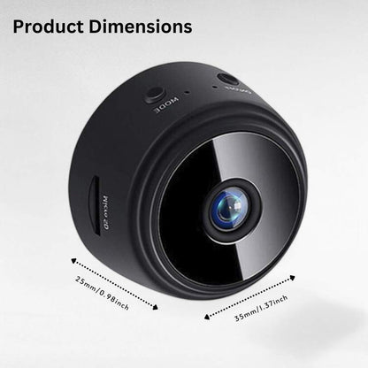 Ultra-Compact HD Security Camera with night vision, sleek mini design, 1080p resolution, 150° wide-angle, infrared LEDs.