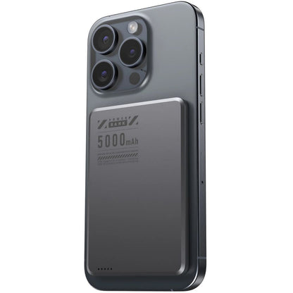 Ultra-slim aluminum power bank with sleek design, available in black, gray, or purple; ideal for portable device charging.