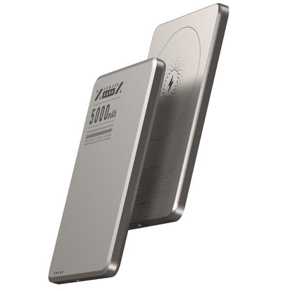 Ultra-slim aluminum power bank with sleek design, available in black, gray, or purple; ideal for portable device charging.